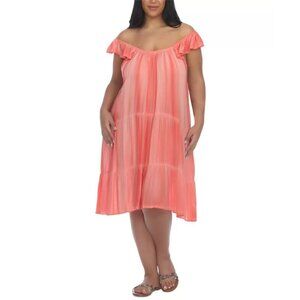 Raviya Womens Plus Size 1X Pigment-Wash Off-The-Shoulder Swim Cover-Up Coral $54